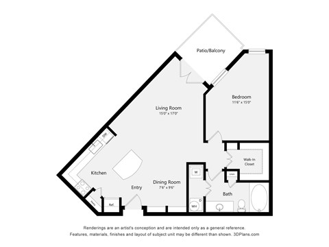 Floor plan for 1 bed, 1 bath, 781 sqft